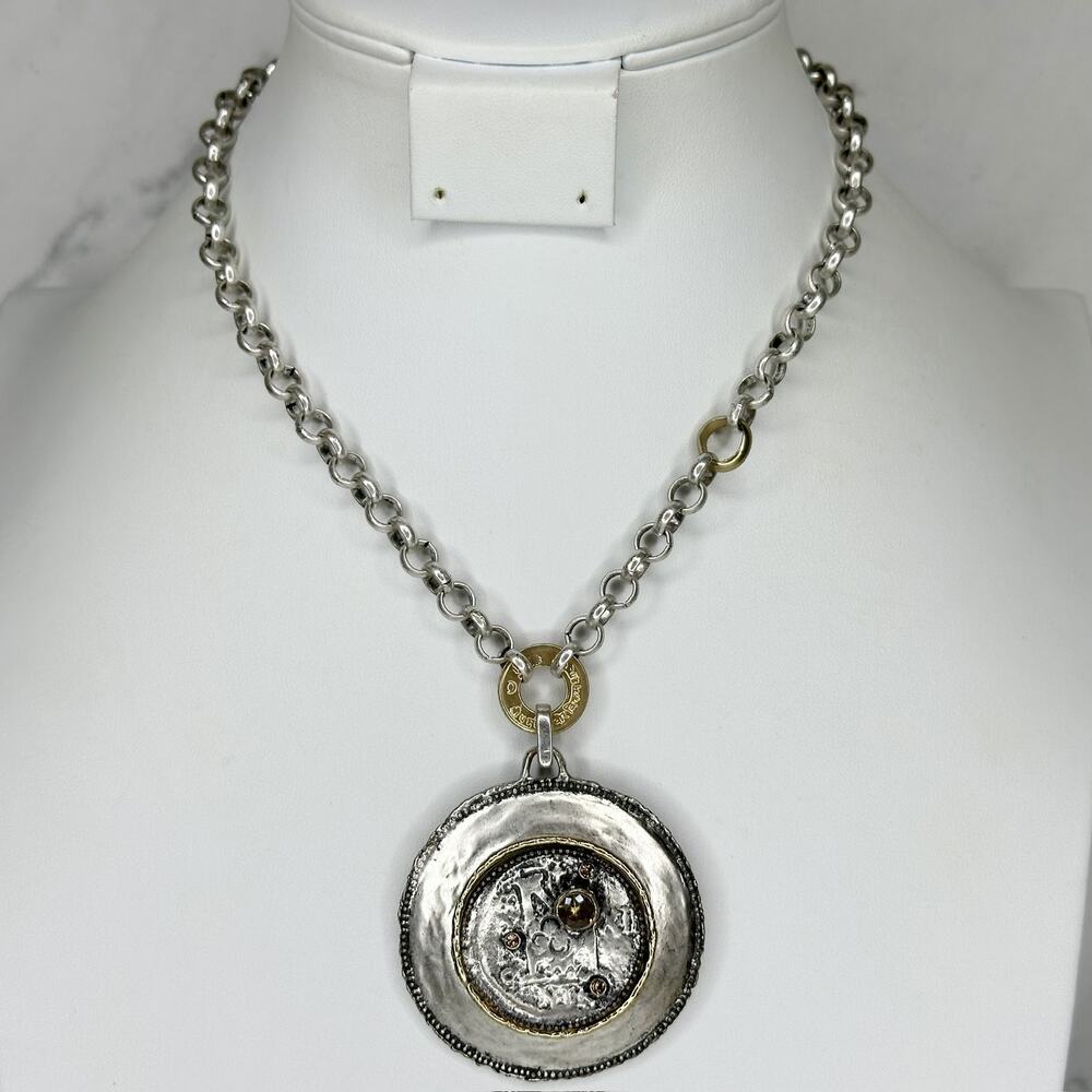 Chico's Coin Style Rhinestone Pendant Necklace Silver Tone ✨